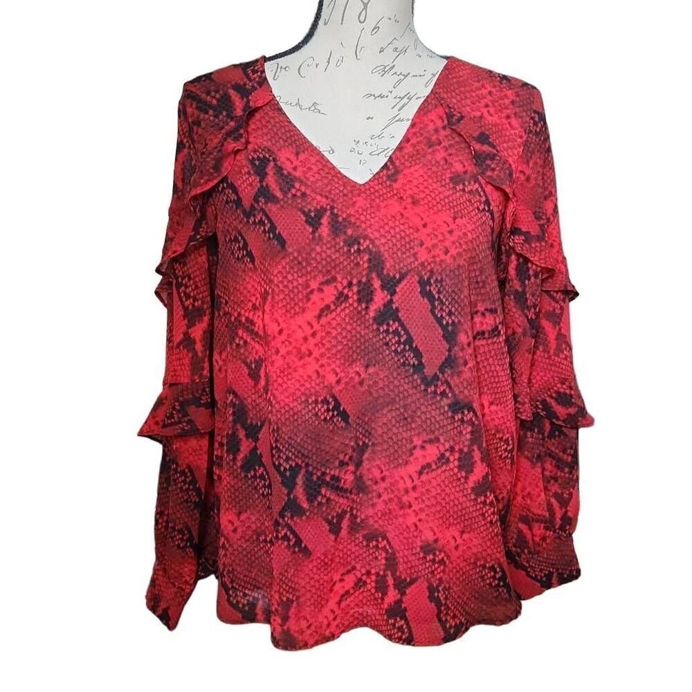Calvin Klein Ladies Size Small Red Black V-Neck Python Print Long Sleeve Blouse